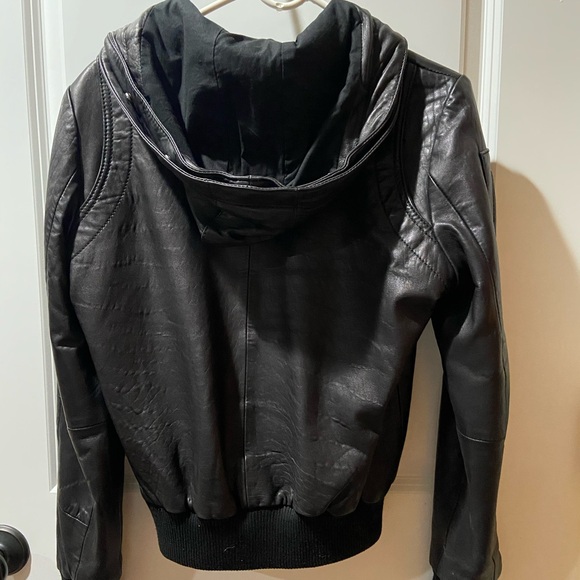 Black Leather Jacket with Fur Hood - Picture 9 of 13